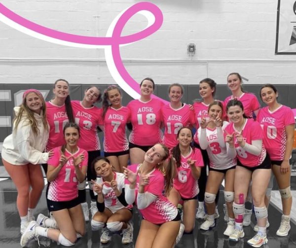 AOSEs varsity volleyball team (2023-24) after their pink out game win.